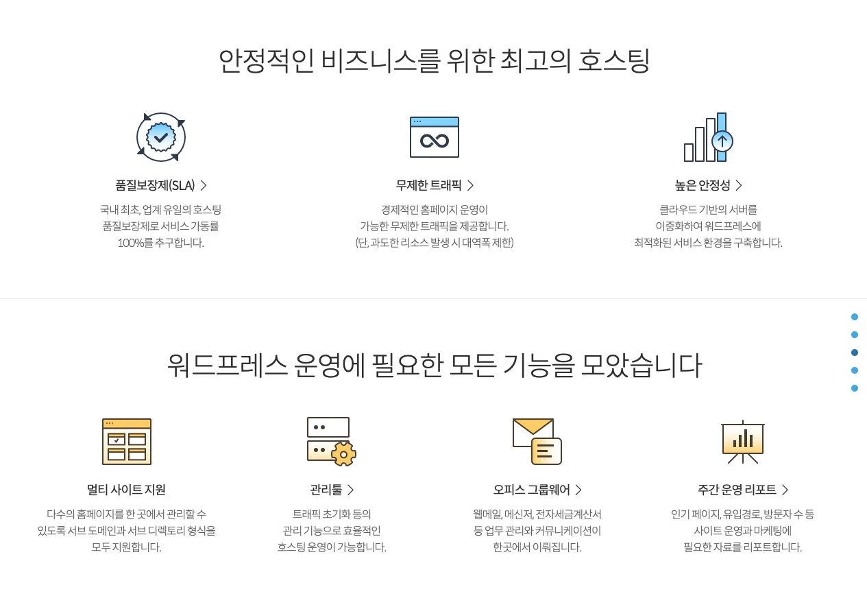 안정적인 비즈니스를 위한 최고의 호스팅

품질보장제(SLA)
국내 최초, 업계 유일의 호스팅
품질보장제로 서비스 가동률
100%를 추구합니다.  

무제한 트래픽 
경제적인 홈페이지 운영이
가능한 무제한 트래픽을 제공합니다.
(단, 과도한 리소스 발생 시 대역폭 제한)  

높은 안정성 
클라우드 기반의 서버를
이중화하여 워드프레스에
최적화된 서비스 환경을 구축합니다.

워드프레스 운영에 필요한 모든 기능을 모았습니다
멀티 사이트 지원
다수의 홈페이지를 한 곳에서 관리할 수
있도록 서브 도메인과 서브 디렉토리 형식을
모두 지원합니다.  

관리툴 
트래픽 초기화 등의
관리 기능으로 효율적인
호스팅 운영이 가능합니다.  

오피스 그룹웨어 
웹메일, 메신저, 전자세금계산서
등 업무 관리와 커뮤니케이션이
한곳에서 이뤄집니다.  

주간 운영 리포트 
인기 페이지, 유입경로, 방문자 수 등
사이트 운영과 마케팅에
필요한 자료를 리포트합니다.